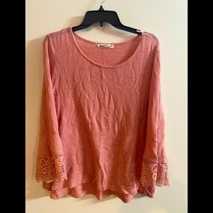 Blush scoop neck sweater with lace bell sleeves